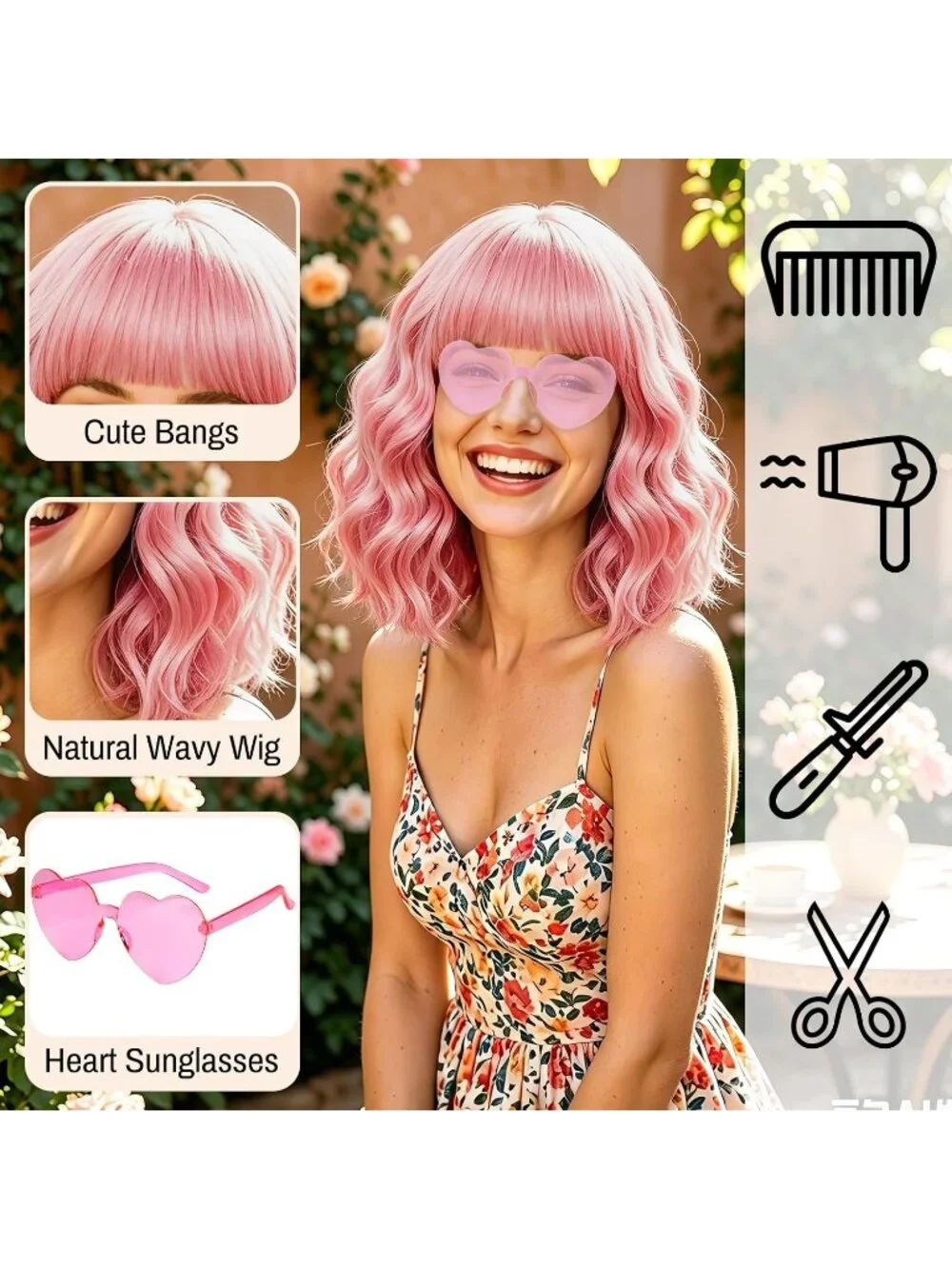 Women's Bright Pink Curly Bob Synthetic Wigs Bangs With Neon Heart Sunglasses